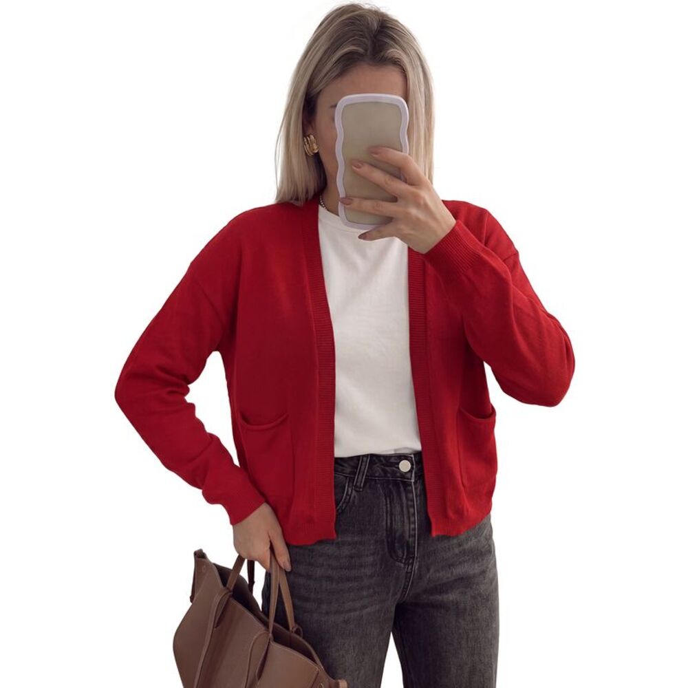 Women Open Front Long Sleeve with Pockets Knit Sweater Red